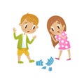 Cute little girl and boy broken a vase, hoodlum cheerful kid, bad child behavior vector Illustration on a white