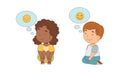 Cute little girl and boy expressing different emotions with speech bubbles set cartoon vector illustration Royalty Free Stock Photo