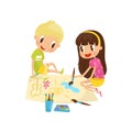 Cute little girl and boy sitting on the floor and drawing paints on large sheet of paper, education and child Royalty Free Stock Photo