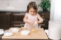 Cute little girl is breaking an egg into a mixing bowl at the kitchen