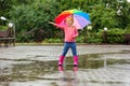 Cute little girl with bright umbrella under rain Royalty Free Stock Photo