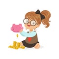 Cute little girl businesswoman shaking piggy bank full of money, kids savings and finance, richness of childhood vector