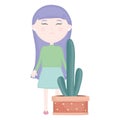 Cute little girl with cactus in ceramic pot Royalty Free Stock Photo