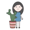 Cute little girl with cactus in ceramic pot Royalty Free Stock Photo