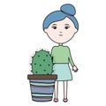 Cute little girl with cactus in ceramic pot Royalty Free Stock Photo