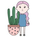 Cute little girl with cactus in ceramic pot Royalty Free Stock Photo