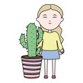 Cute little girl with cactus in ceramic pot Royalty Free Stock Photo