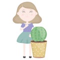 Cute little girl with cactus in ceramic pot Royalty Free Stock Photo