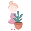 Cute little girl with cactus in ceramic pot Royalty Free Stock Photo