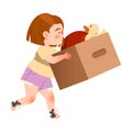 Cute little girl carrying cardboard box with toys. Family moving to new apartment cartoon vector illustration Royalty Free Stock Photo