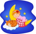 Cute little girl with cat sleeping on the moon Royalty Free Stock Photo