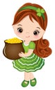 Cute Little Girl Celebrating St. Patrick Day Holding Pot with Golden Coins. Vector Saint Patrick Day Royalty Free Stock Photo