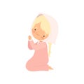 Cute Little Girl Character Kneeling in Prayer Cartoon Vector Illustration