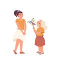 Cute little girl child giving bouquet of flower to older sister congratulating her with birthday Royalty Free Stock Photo