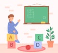 Cute little girl, childrens concept. The little girl sits on the cubes and solves examples on the board. Learning. Cute
