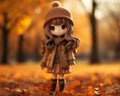 a cute little girl in a coat and boots standing in a field of fallen leaves