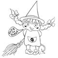 Cute little girl in costume of witch drawn in cartoon doodle style. Vector outline illustration isolated on white background. For Royalty Free Stock Photo