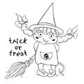 Cute little girl in costume of witch drawn in cartoon doodle style. Vector outline illustration isolated on white background. For Royalty Free Stock Photo