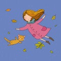 Cute little girl and a cute cartoon cat flying with autumn leaves. Royalty Free Stock Photo