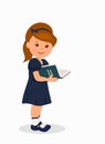 Cute little girl in a dark blue dress reading a book. Isolated character child standing with a book