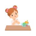 Cute Little Girl Does Not Want to Eat Vegetables, Kid Refusing to Eat Healthy Food Vector Illustration