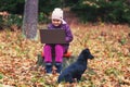 A cute little girl with a dog sits on an old stump in the middle of the forest, and uses a laptop computer for online learning or Royalty Free Stock Photo