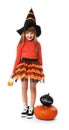 Cute little girl dressed as witch for Halloween on white background Royalty Free Stock Photo