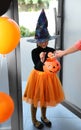 Cute little girl dressed as witch trick-or-treating at doorway