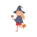 Cute little girl dressed as a witch walking with a pumpkin basket and a lollipop vector Illustration on a white