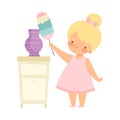 Cute Little Girl with Duster Cleaning Vase, Adorable Kid Doing Housework Chores at Home Vector Illustration Royalty Free Stock Photo