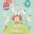 Cute little girl with Easter bunnies. Happy Easter