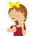 Cute little girl eating chocolate giving thumbs up