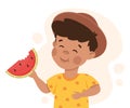 Cute little girl eating watermelon. Happy kid eating healthy food cartoon vector illustration Royalty Free Stock Photo