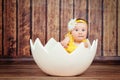 Cute little girl in the egg basket. Royalty Free Stock Photo