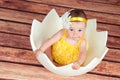 Cute little girl in the egg basket. View from above Royalty Free Stock Photo