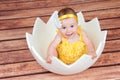 Cute little girl in the egg basket. View from above Royalty Free Stock Photo