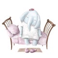 cute little girl elephant sitting on her bed, going to sleep watercolor illustration, t-shirt design Royalty Free Stock Photo