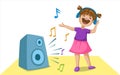 A cute little girl is enjoying music