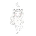 Cute little girl exercising yoga under the moon