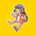 Cute little girl explorer wearing goggles, glovec, boot, backpack wave character mascot cartoon illustration vector