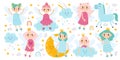 Cute little girl fairies and princesses with colorful hair in beautiful dresses vector illustration Royalty Free Stock Photo