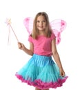 Cute little girl in fairy costume with pink wings and magic wand on white Royalty Free Stock Photo