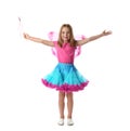 Cute little girl in fairy costume with pink wings and magic wand on white background Royalty Free Stock Photo