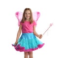 Cute little girl in fairy costume with wings and magic wand on white background Royalty Free Stock Photo