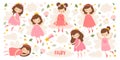 Cute little girl fairy princess in dress and flowers bloom vector illustration set isolated on white Royalty Free Stock Photo