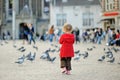 Cute little girl feeding and chasing birds on Dam Square in Amsterdam on summer day