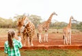 Cute little girl feeding giraffes in Africa Royalty Free Stock Photo