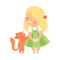 Cute Little Girl Feeding Her Kitten, Adorable Kid Caring for Animal Cartoon Vector Illustration Royalty Free Stock Photo