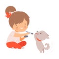 Cute Little Girl Feeding Her Puppy, Adorable Kid Caring for Animal Cartoon Vector Illustration Royalty Free Stock Photo