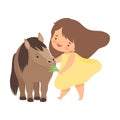 Cute Little Girl Feeding Pony with Grass, Adorable Kid Caring for Animal at Farm Cartoon Vector Illustration Royalty Free Stock Photo